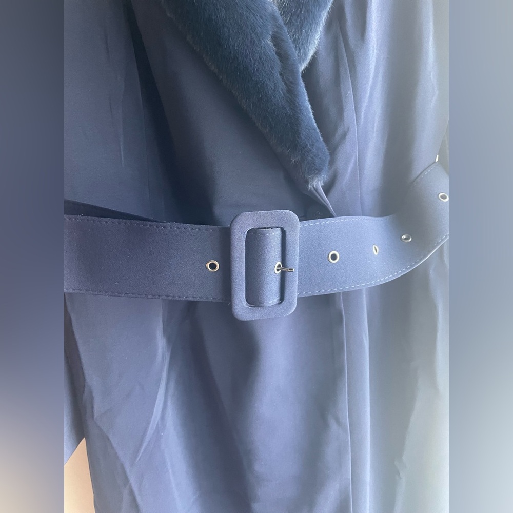 New Naked Wardrobe Women Navy Blue Long Coat Jacket Button Belts Pockets Large - Picture 3 of 11